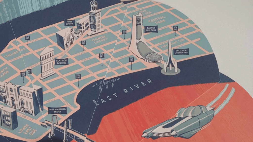 Art from San Diego Comic Con showing a map of this 60s inspired New York city.