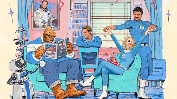 Art showing the cast of the Fantastic Four in costume.
