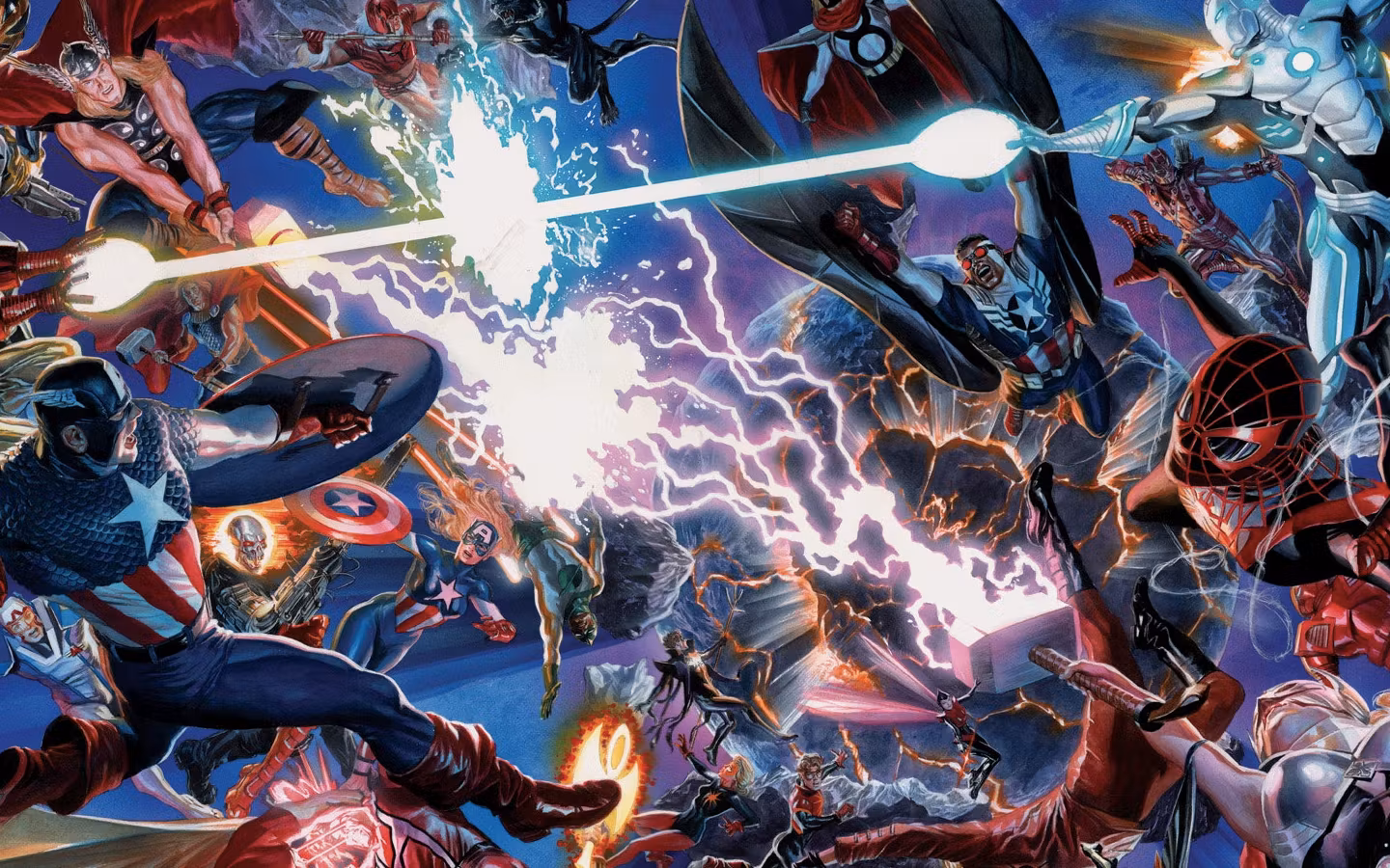 The Avengers of Earth 616 and 1610 battle in the Secret Wars (2015) comic event.
