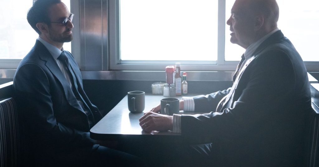 Charlie Cox as Matt Murdock/Daredevil on left and Vincent D'onofrio as Wilson Fisk/Kingpin on the right.